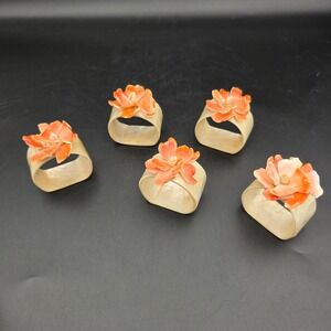 Vintage Capiz Shell Napkin Rings with Coral Flower Accents, Set of 5 Philippines